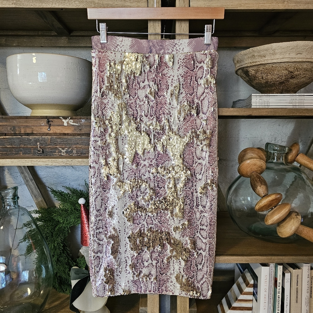 Revolve Le Superbe Liza Column Gold Sequined Snake Print Skirt Sz XS - Picture 12 of 12